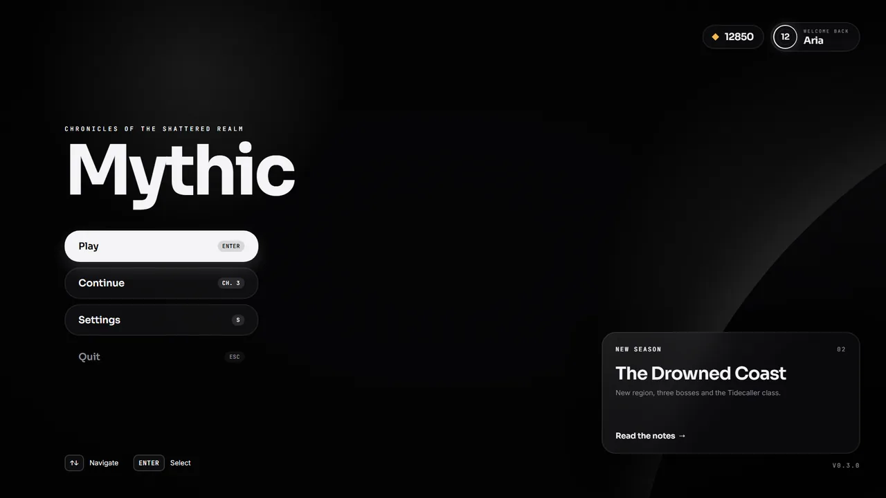 The starter kit main menu in the Onyx theme