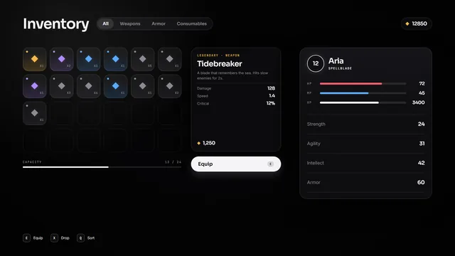 Starter kit Inventory screen
