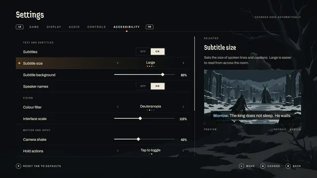 The Last Hunt Settings · Accessibility screen